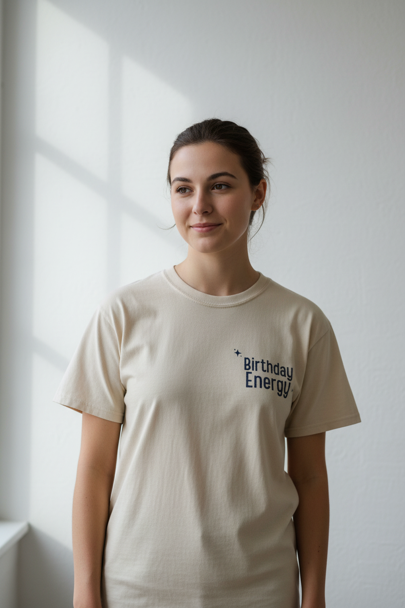 Ivory Birthday Energy T-shirt with small chest graphic and crew neckline