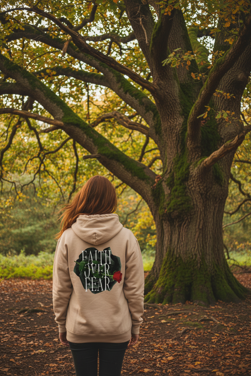 Beige unisex hoodie with Faith Over Fear back graphic, hood and kangaroo pocket