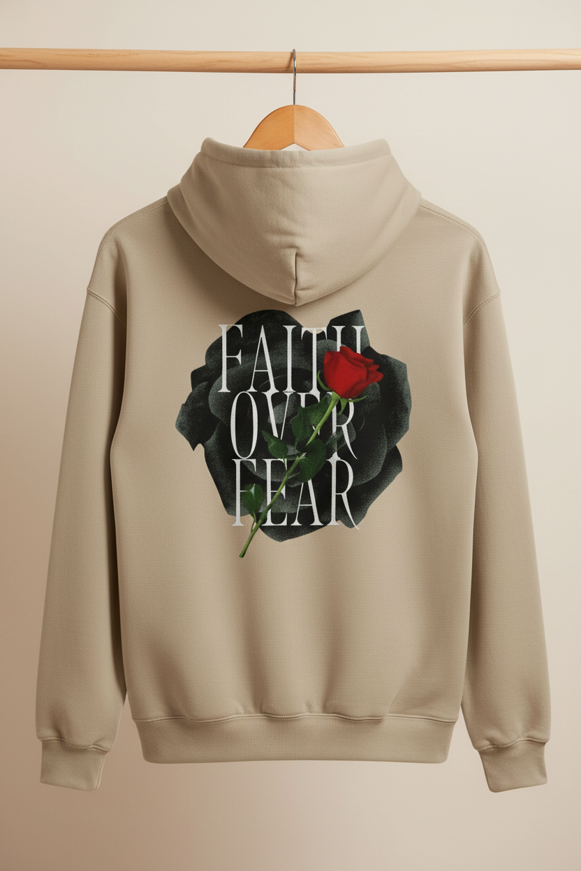 Sand unisex hoodie with hood, front pocket, and Faith over Fear rose back graphic