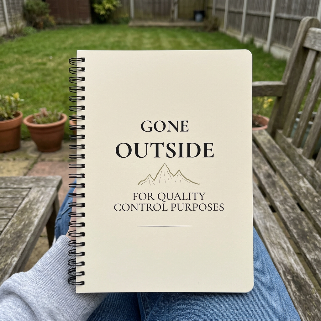 Beige Gone Outside notebook held on a garden bench