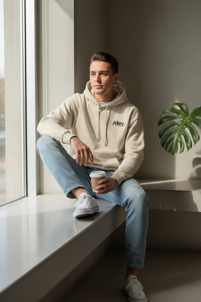 Beige Hoodie Sitting