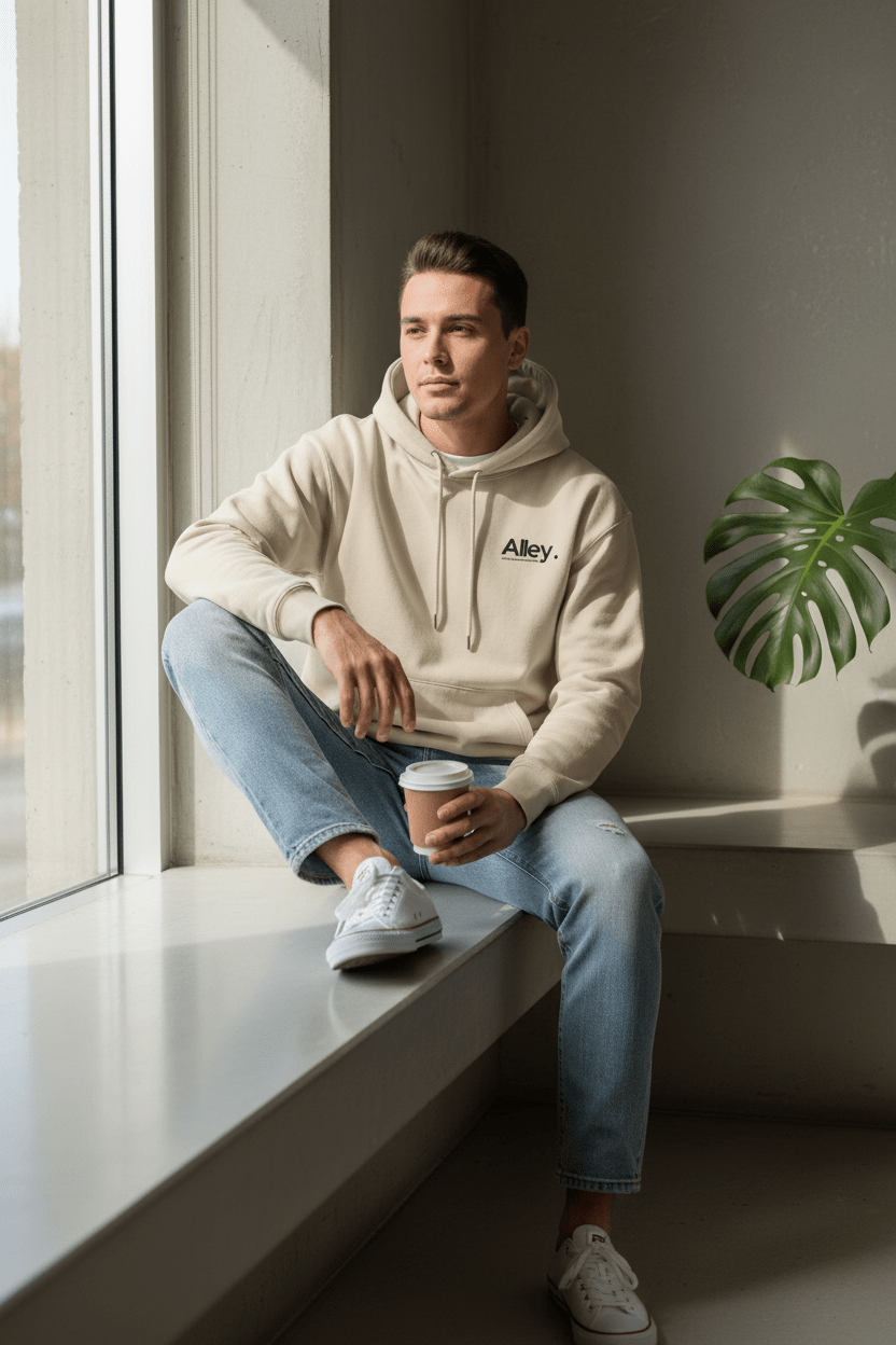 Alley. Minimalist Chest Logo Hoodie — Lightweight White Pullover - AlleyCrafters