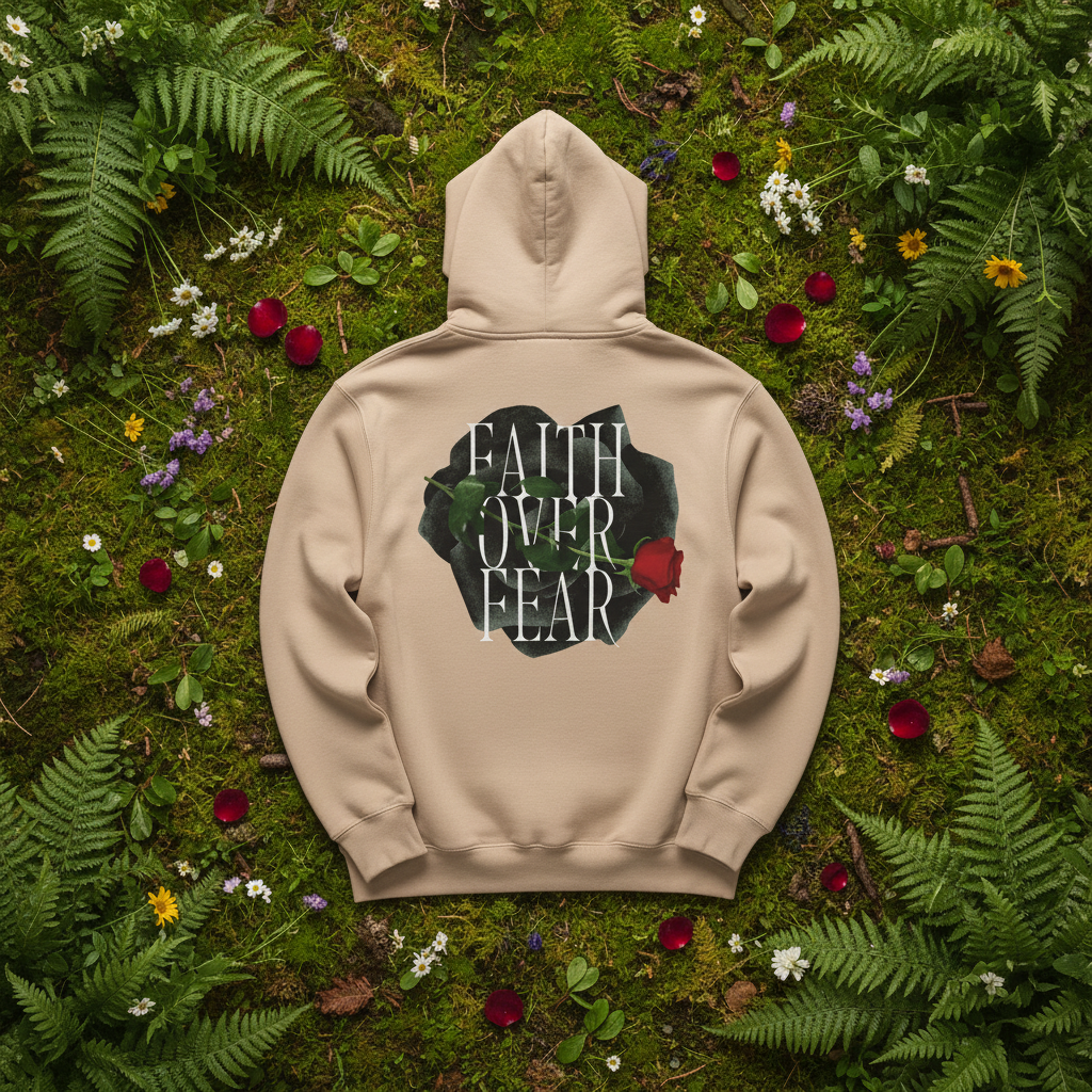 Sand-colored unisex hoodie with Faith Over Fear back graphic, hood and kangaroo pocket