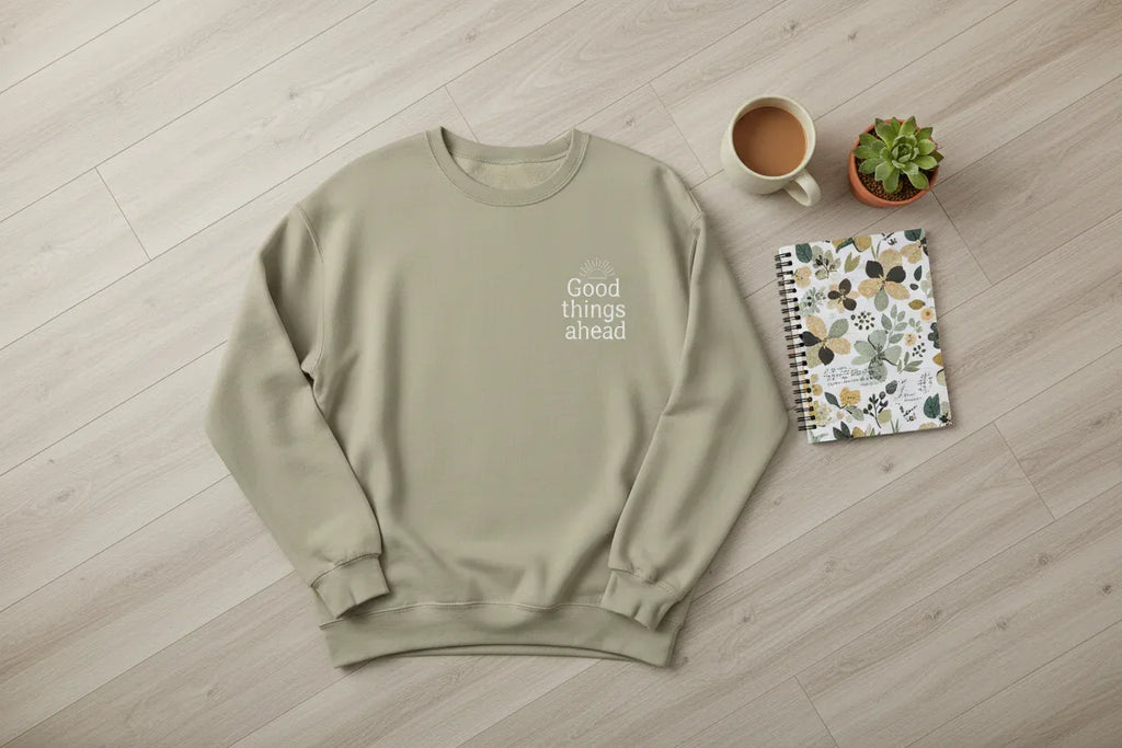 Khaki crewneck sweatshirt with "Good things ahead" chest logo