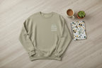 Khaki crewneck sweatshirt with "Good things ahead" chest logo