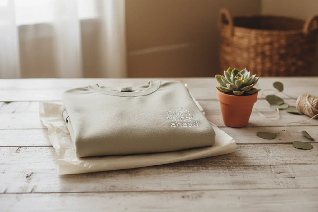 Cream crewneck sweatshirt with "Good things ahead" chest logo