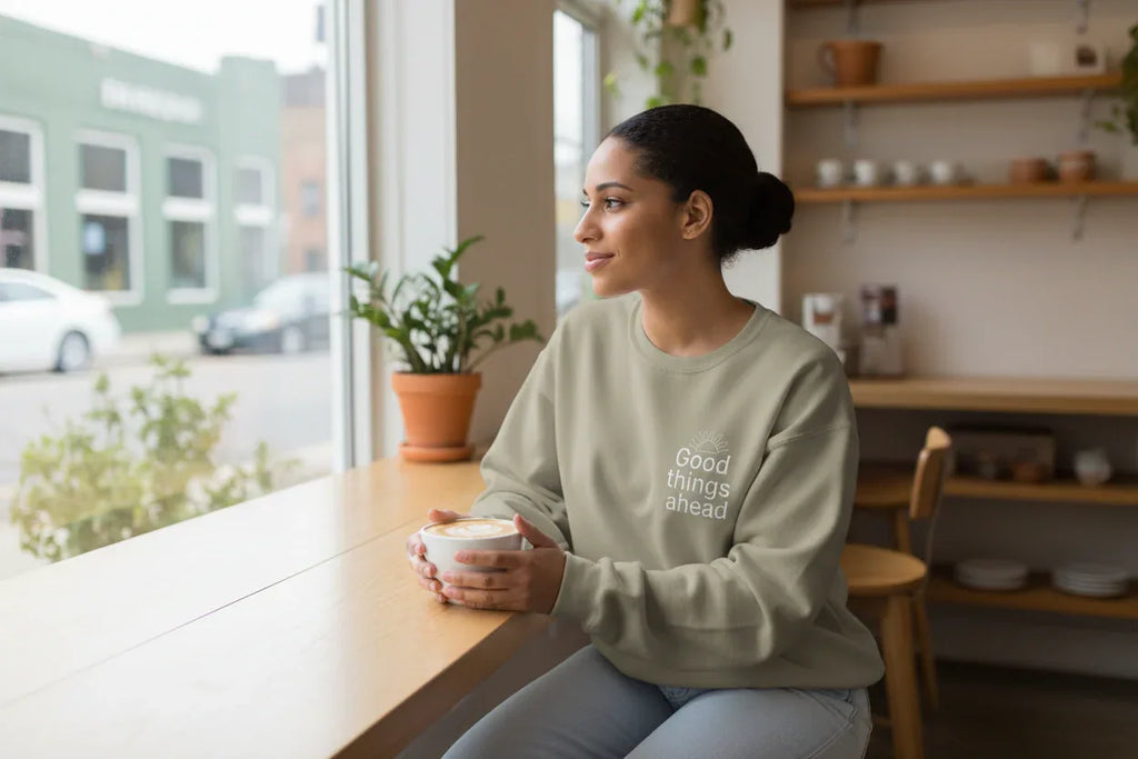 Sage green crewneck sweatshirt with "Good things ahead" chest print