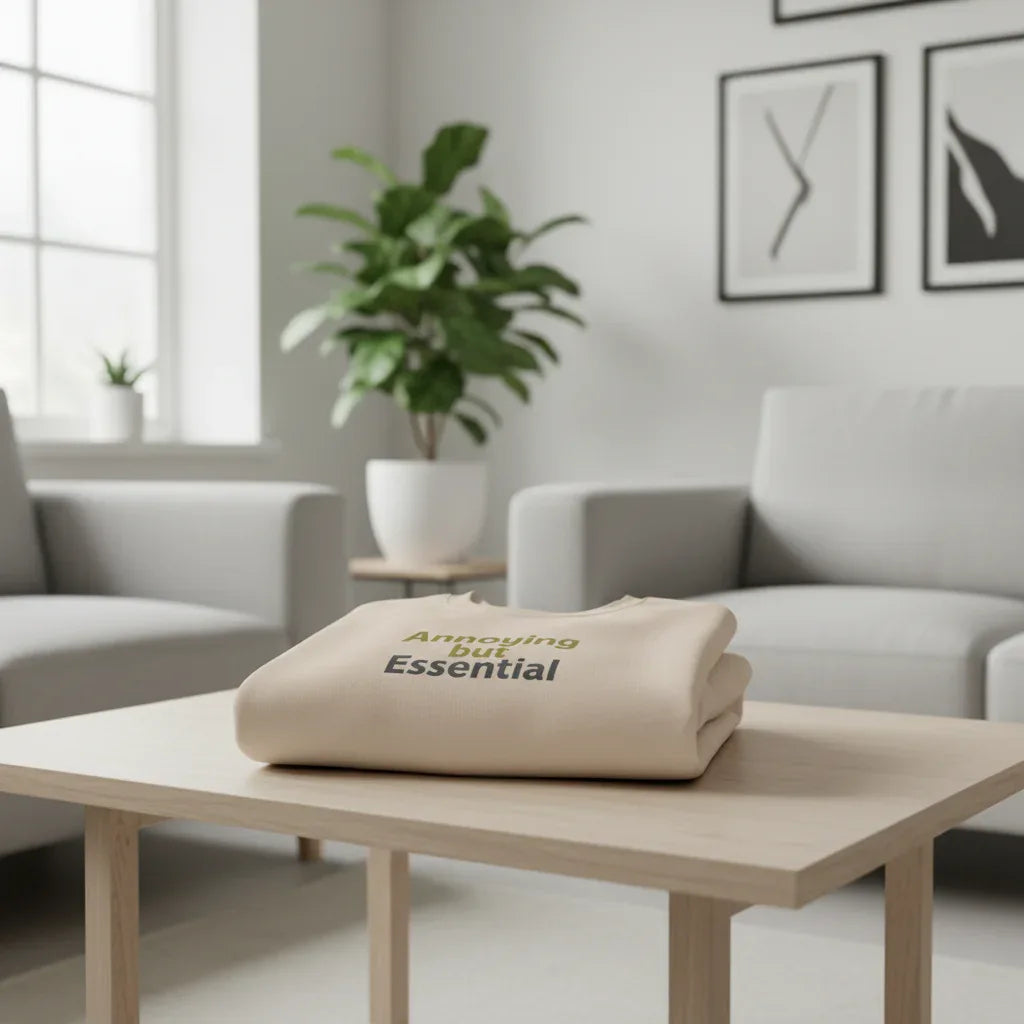Sand sweatshirt folded with “Annoying but Essential” slogan print visible