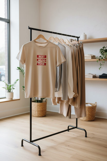 Beige T-Shirt on Clothing Rack