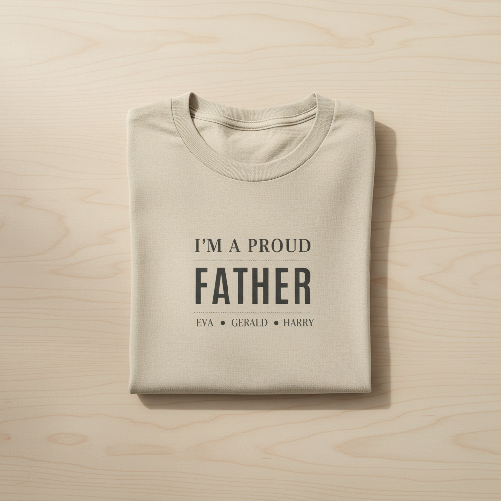 Sand T-shirt with "I'm a Proud Father" and names EVA, GERALD, HARRY