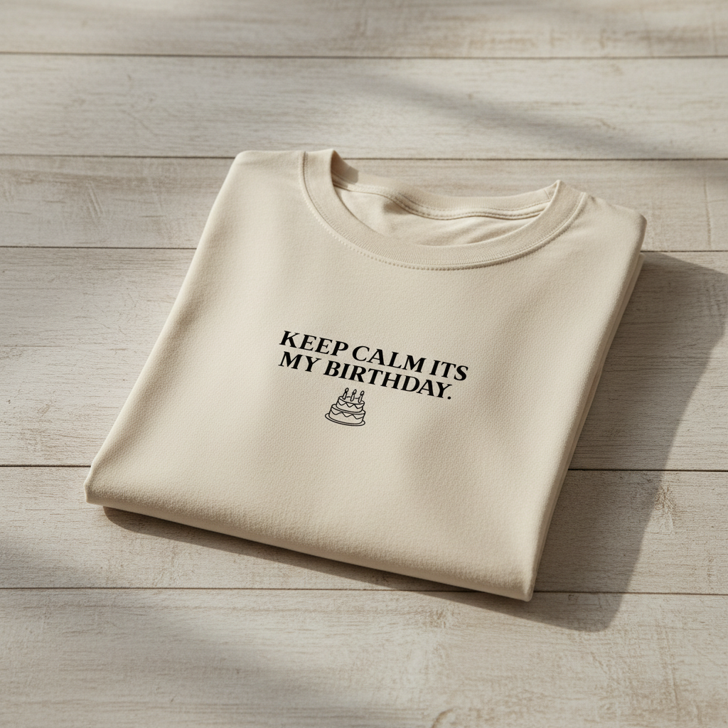 Light cream crew-neck T-shirt with front graphic text "Keep Calm Its My Birthday"