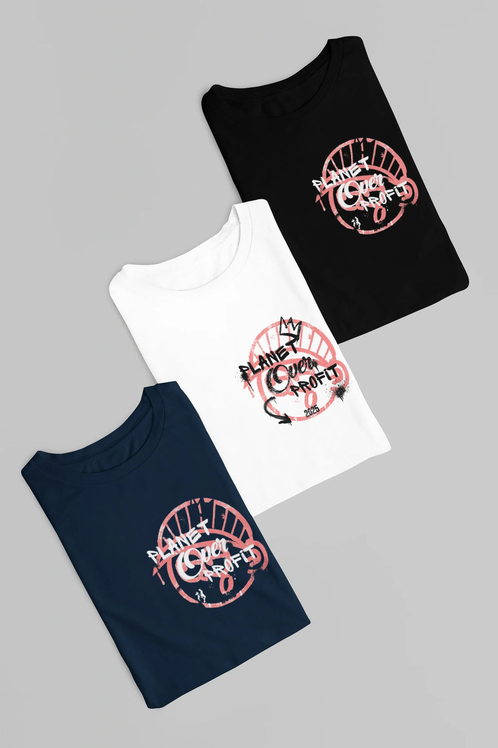 Assorted crewneck sweatshirts (black, white, navy) with pink Planet Over Profit logos