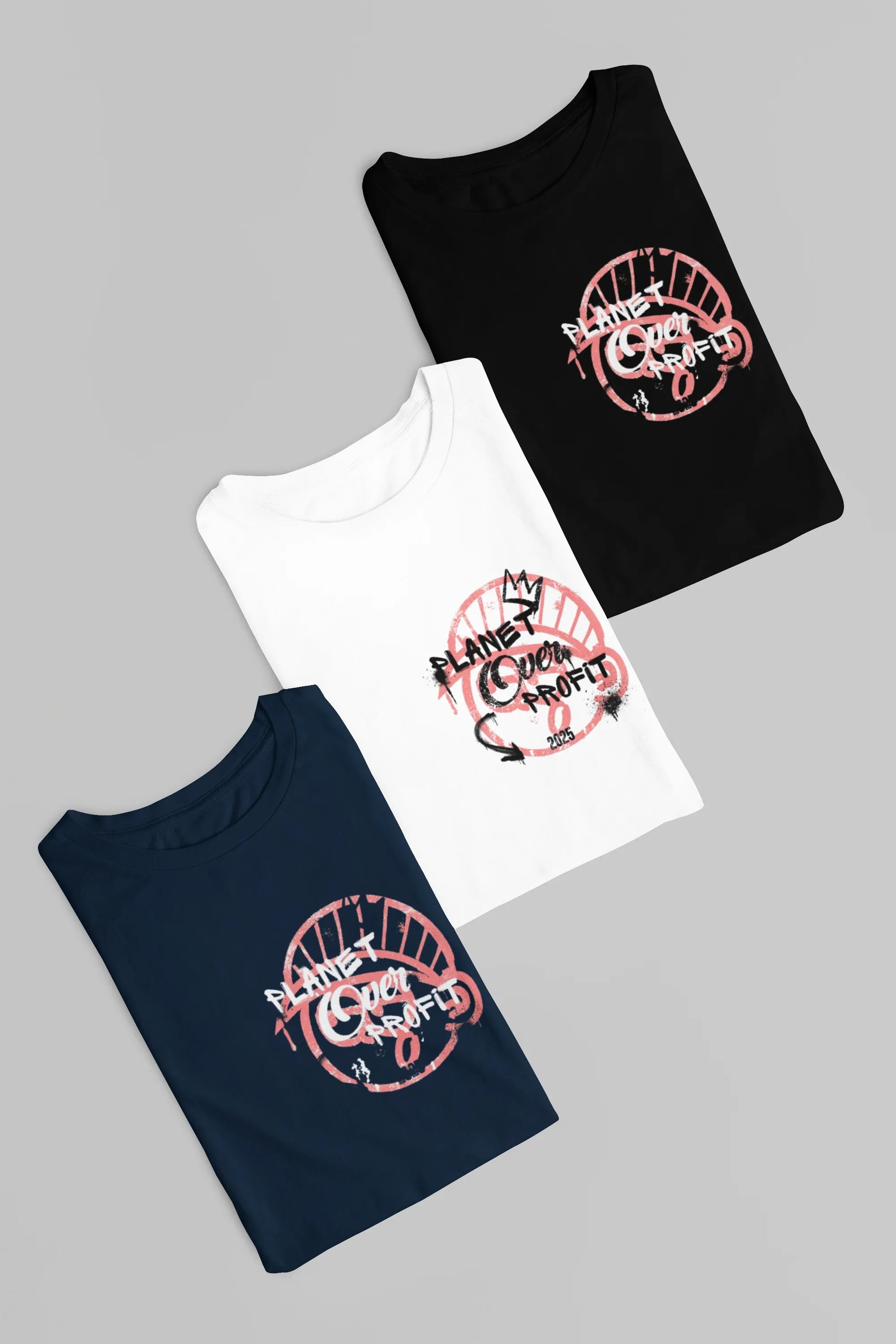 Assorted crewneck sweatshirts (black, white, navy) with pink Planet Over Profit logos