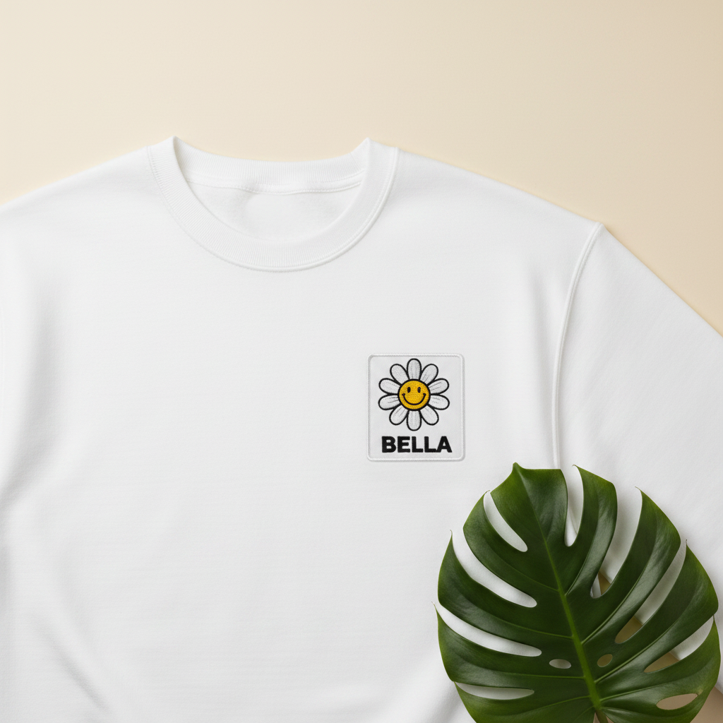 White sweatshirt with embroidered flower smile patch reading BELLA on the chest