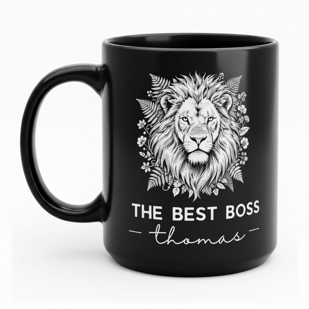 Black Best Boss mug with lion graphic and 'THE BEST BOSS' thomas
