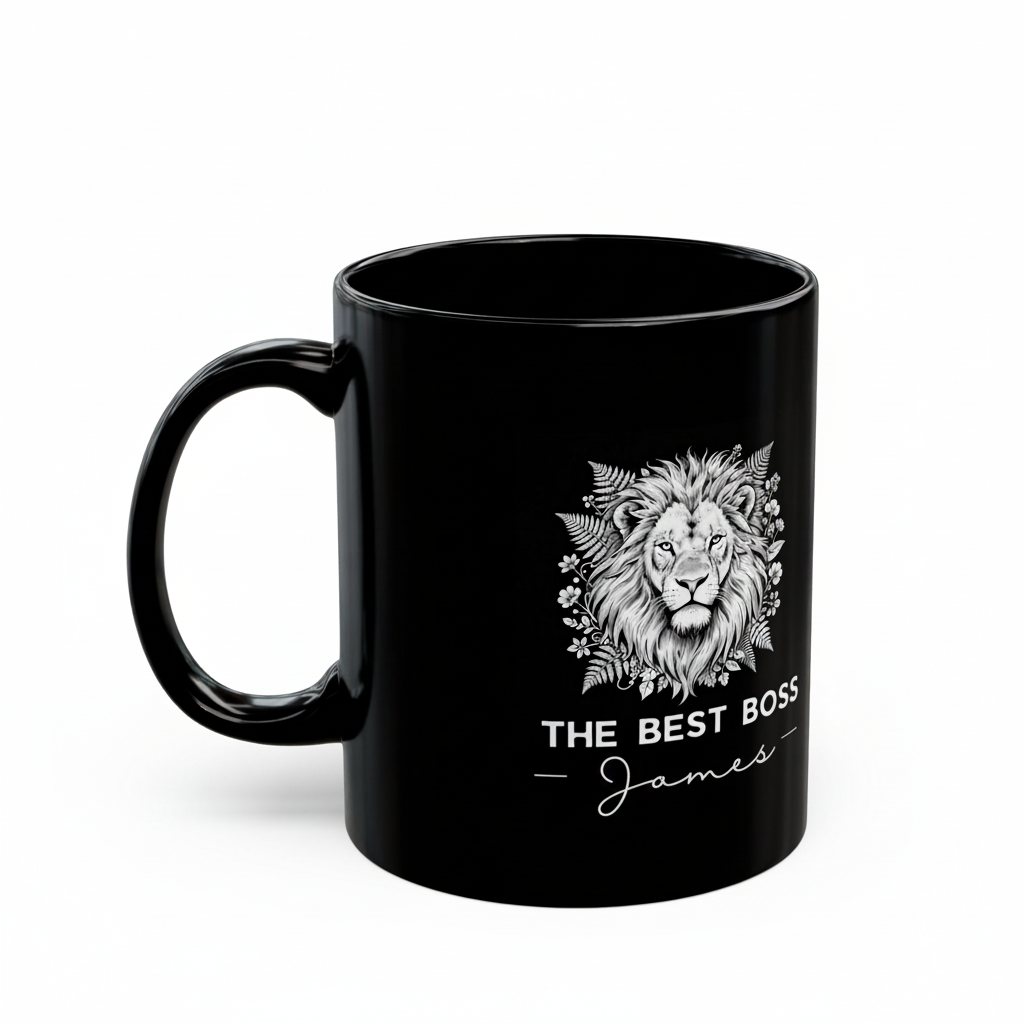 Black Best Boss mug with lion graphic and 'THE BEST BOSS' James