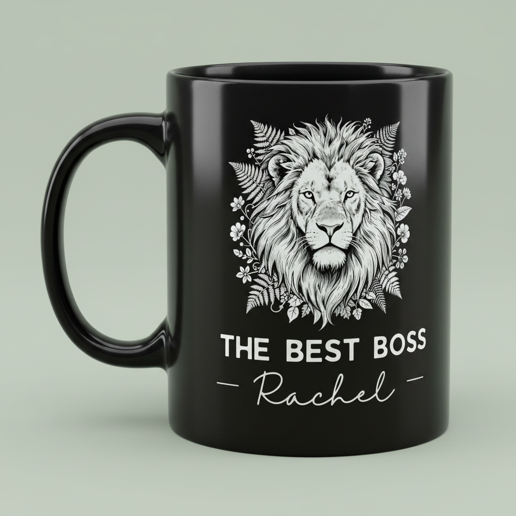 Black Best Boss mug with lion graphic and 'THE BEST BOSS' Rachel