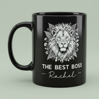 Black Best Boss mug with lion graphic and 'THE BEST BOSS' Rachel