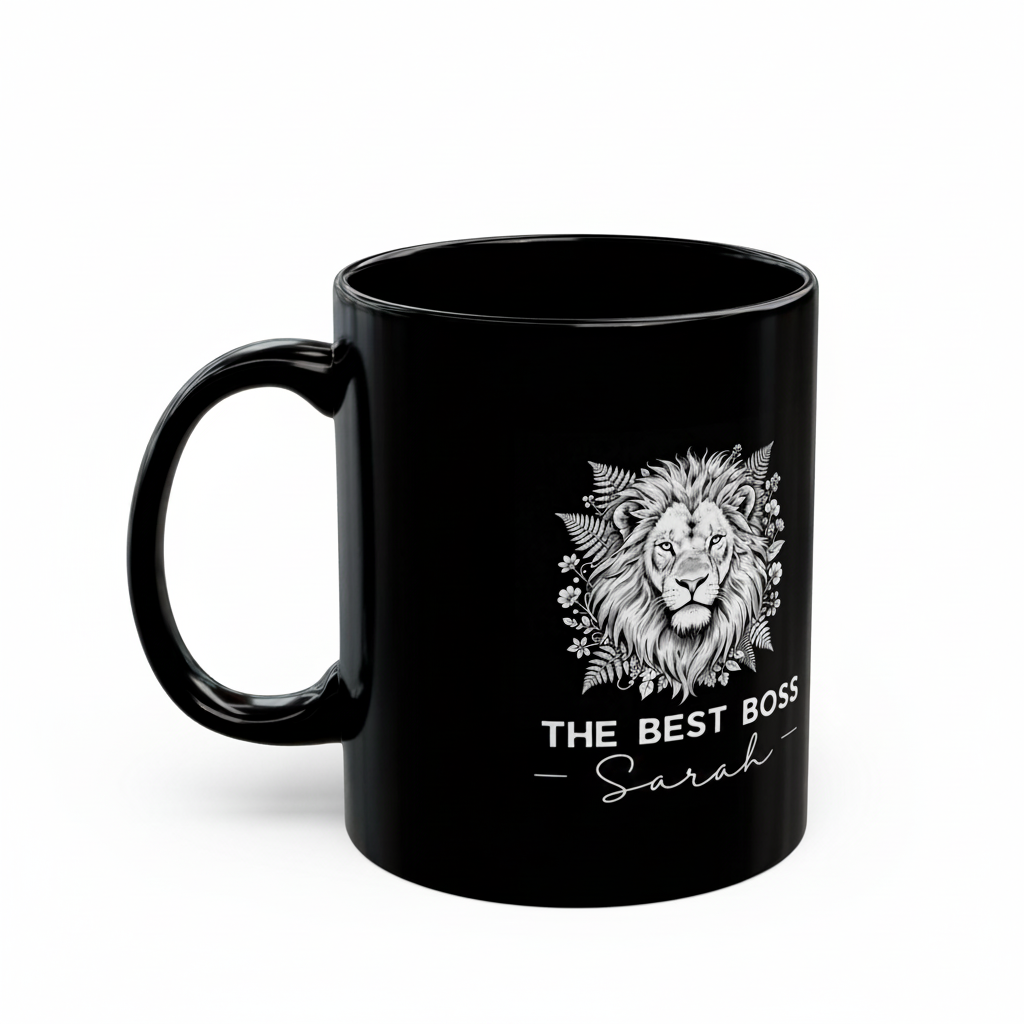Black Best Boss mug with lion graphic and 'THE BEST BOSS' Sarah