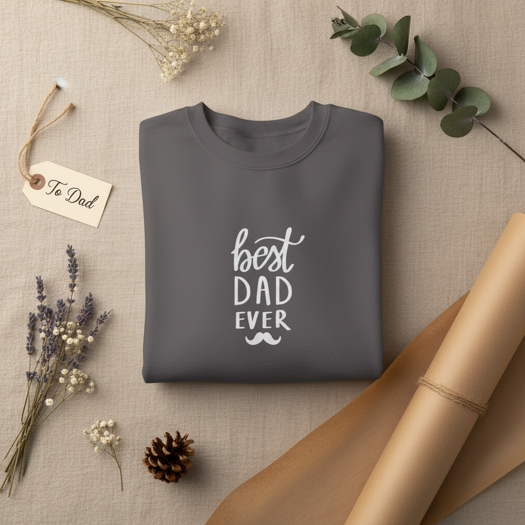 Charcoal crewneck sweatshirt with 'best dad ever' graphic