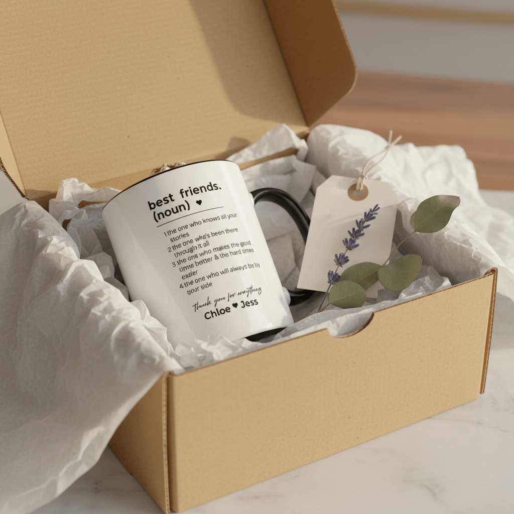 Personalised friendship mug, white ceramic with black text, inside a cardboard gift box