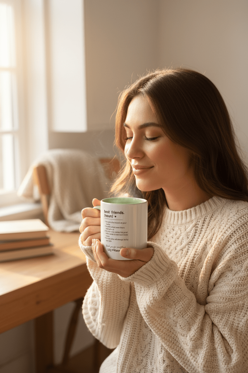 Personalised friendship mug, white ceramic with green print, held by a woman