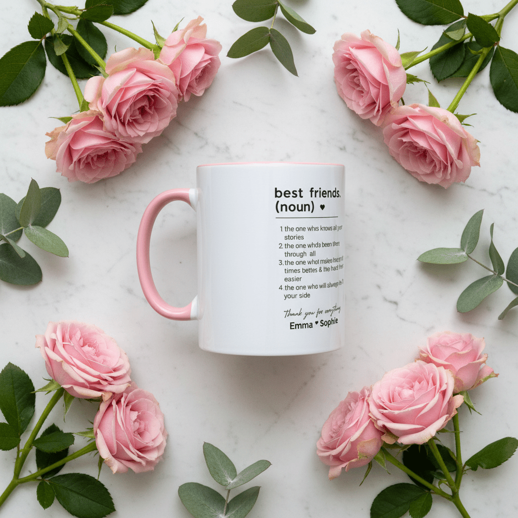 Personalised friendship mug, white ceramic with pink handle and black text, on marble with roses