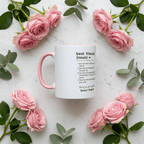 Personalised friendship mug, white ceramic with pink handle and black text, on marble with roses