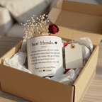 Personalised friendship mug with white ceramic and black text, in a gift box with tag