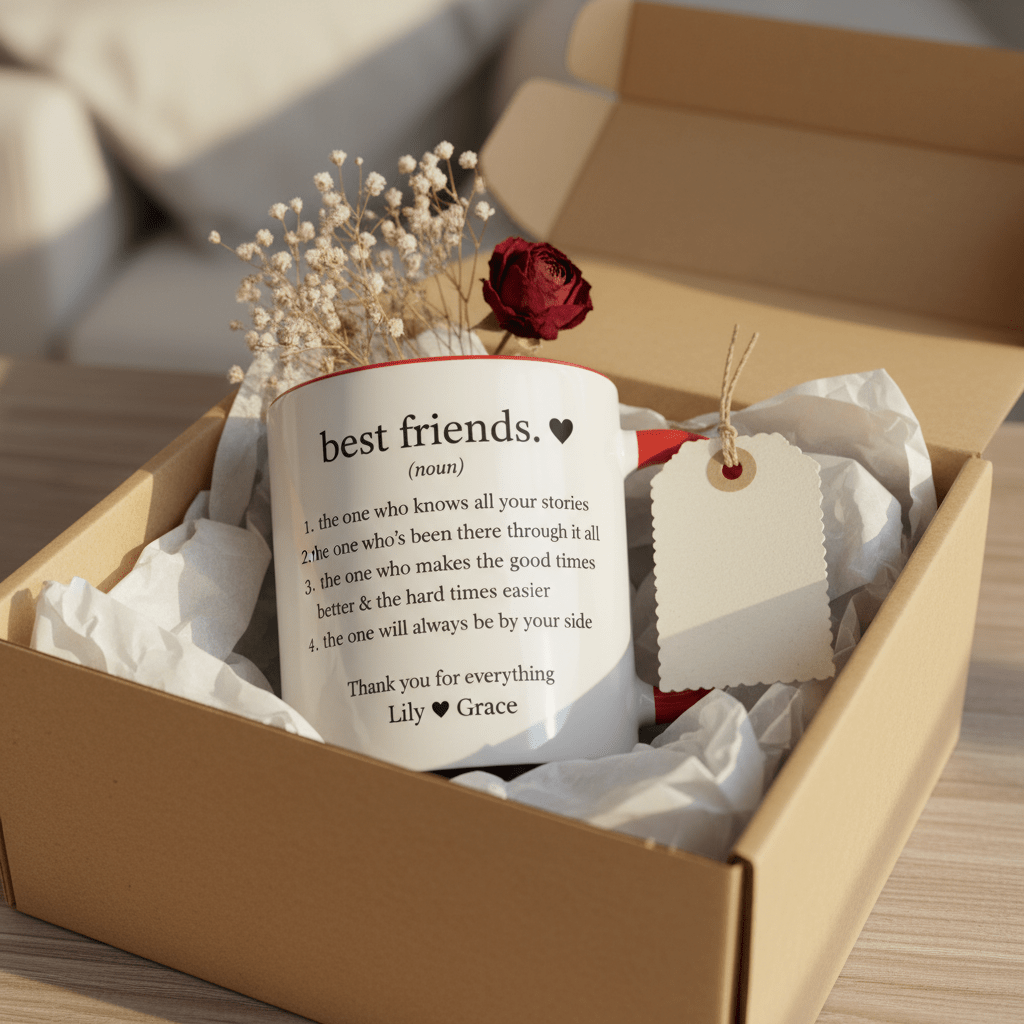 Personalised friendship mug with white ceramic and black text, in a gift box with tag