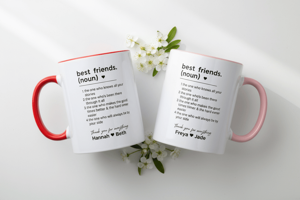 Personalised friendship mugs, white with red and pink handles, black text on fronts