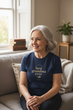 Navy personalized t-shirt with gold “best grandma ever” text graphic