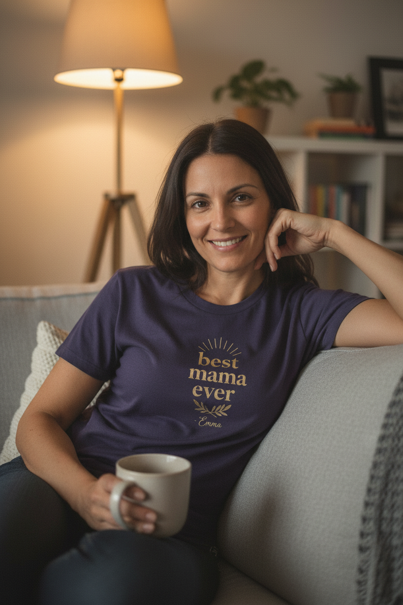 Purple personalized t-shirt with gold “best mam” and “best mama ever” text graphic