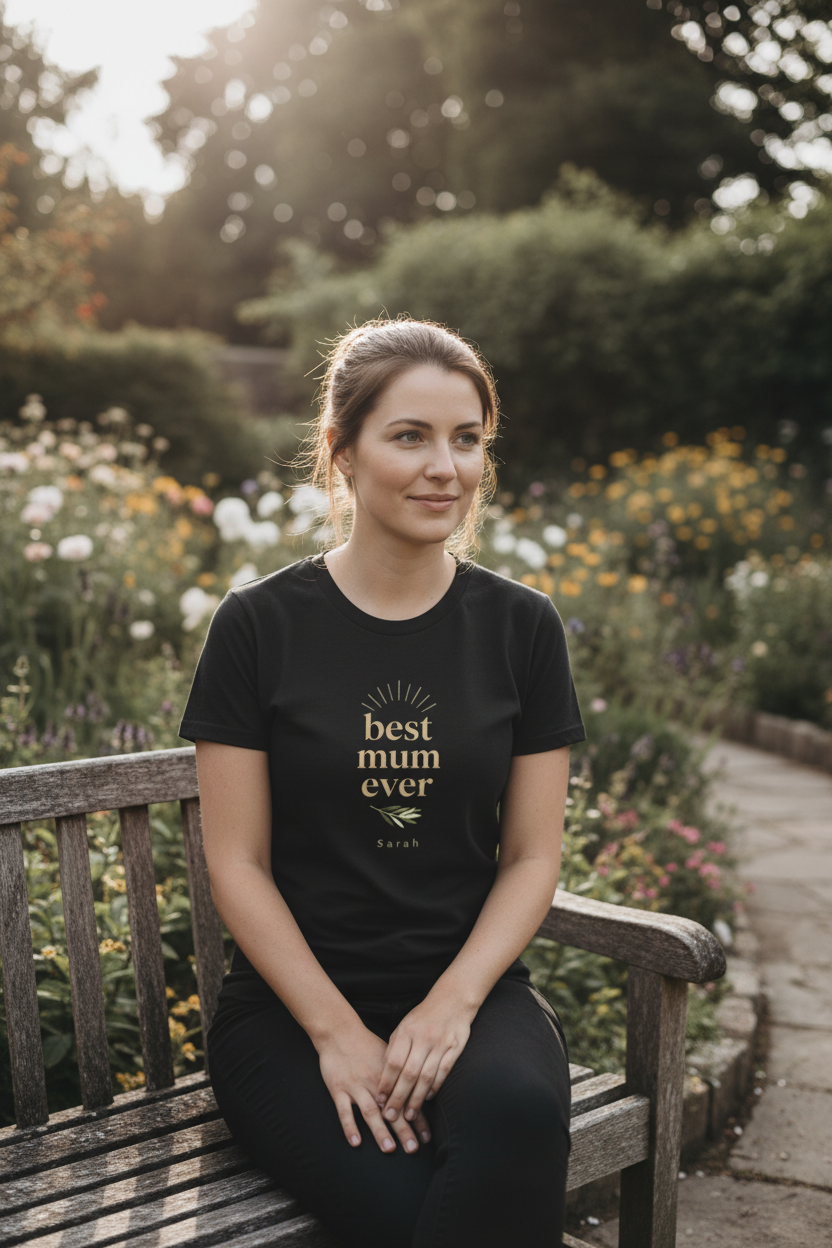Black personalized t-shirt with gold “best mum ever” graphic on the front