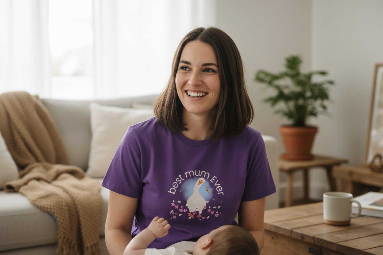 Best Mum Ever purple duck t-shirt lifestyle image