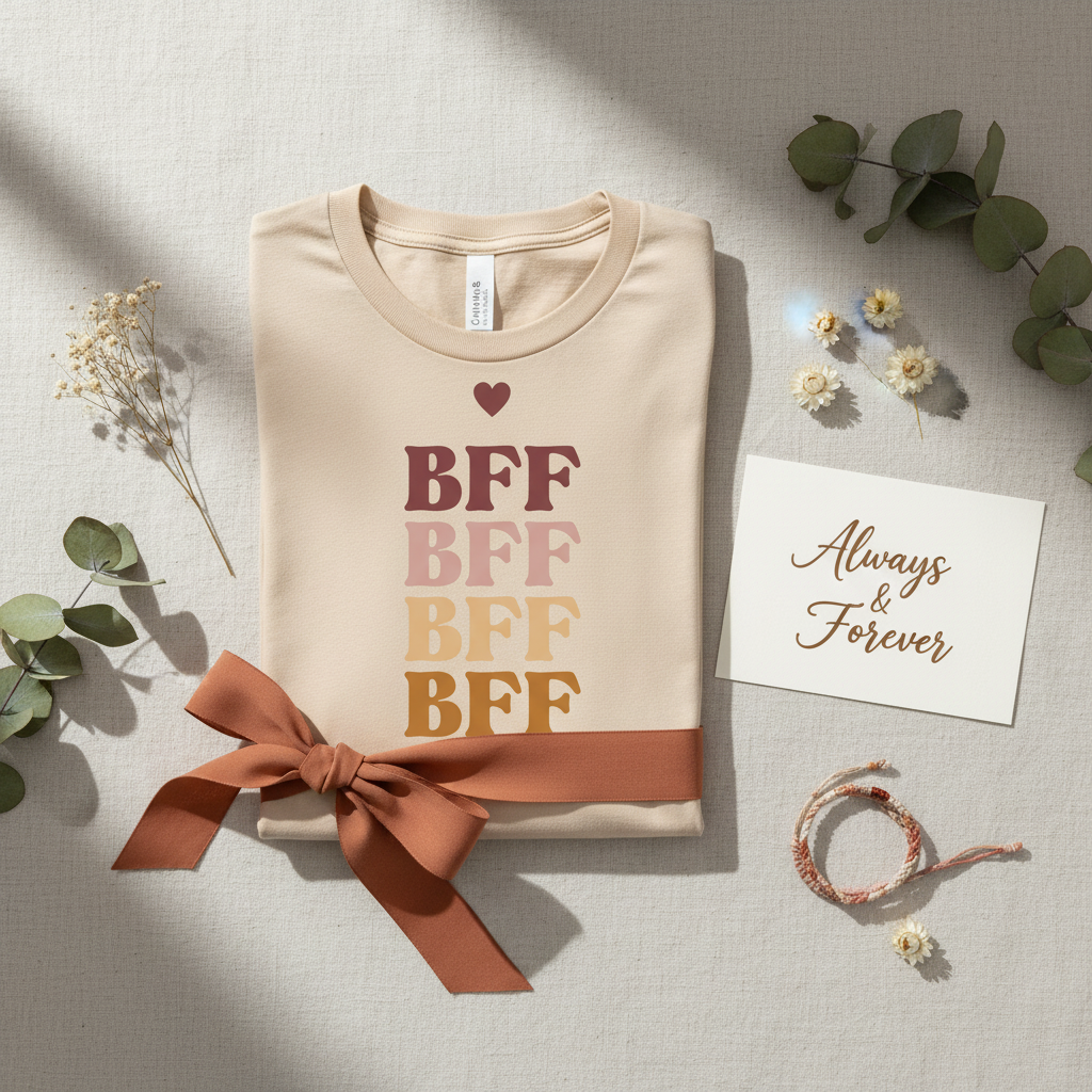 Cream t-shirt with stacked ombre BFF text graphic and ribbon bow