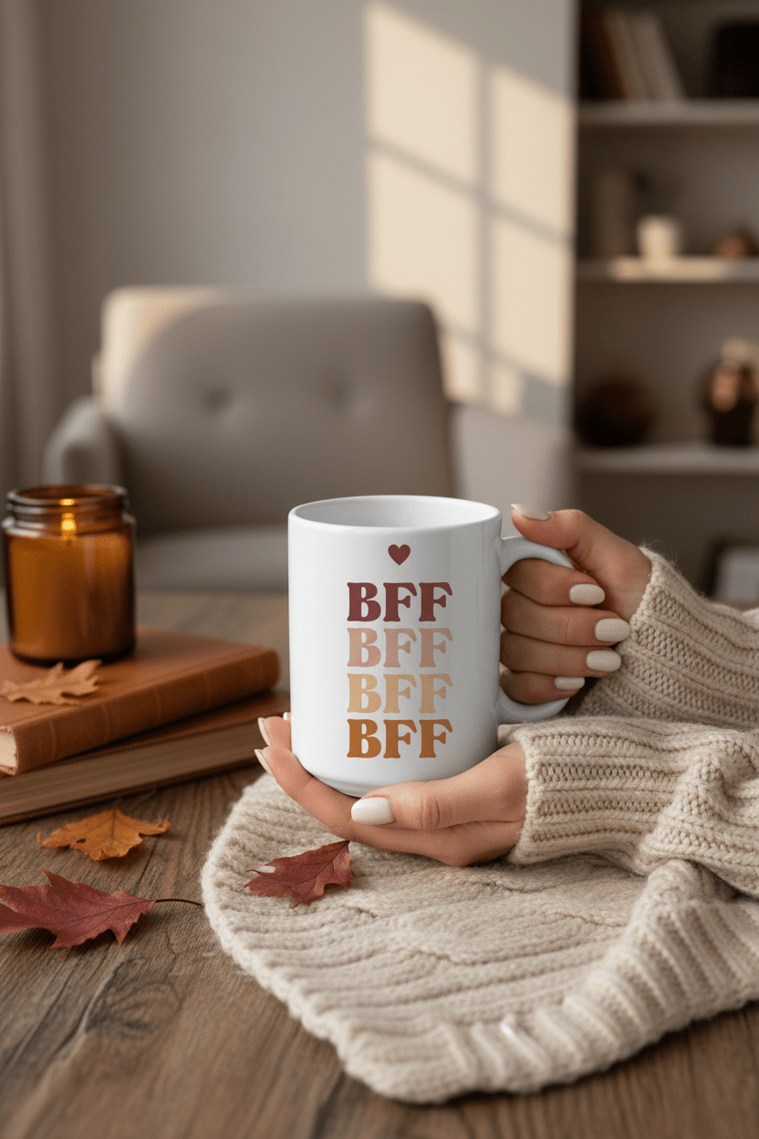 White mug held in hand with stacked BFF text and small heart above