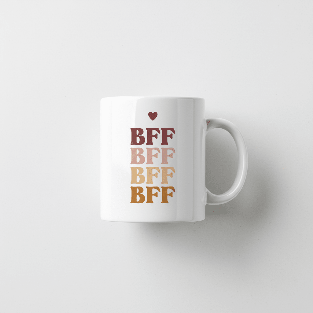 White ceramic mug with stacked BRF lettering and small heart print