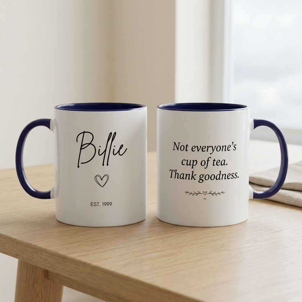 Billie EST. 1999 navy mug with a British funny quote