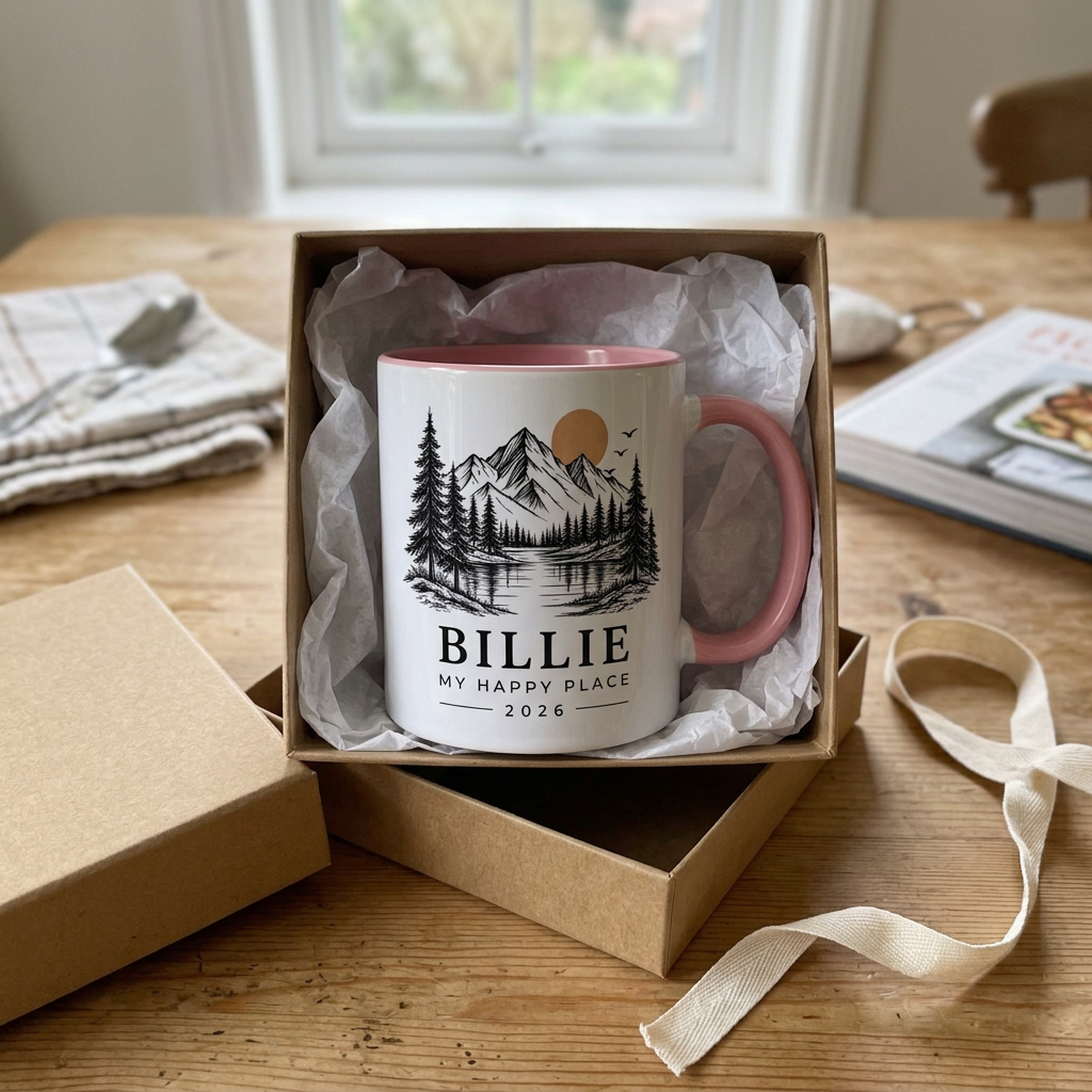 Billie’s pink mountain mug styled in an open gift box with tissue and cream ribbon
