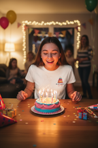White T-shirt with small birthday cake graphic on the chest