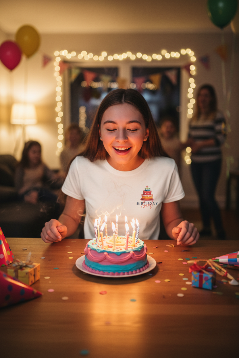 White T-shirt with small birthday cake graphic on the chest
