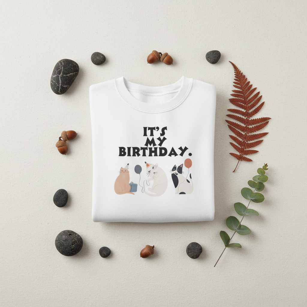 White crewneck cat birthday sweatshirt with front graphic cats and “It’s my birthday” text