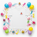 White birthday cake graphic T-shirt with colorful cake and “Birthday Mum” text