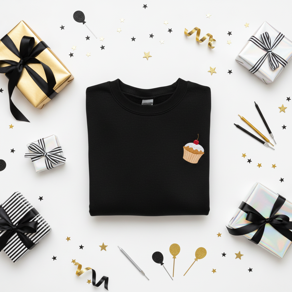 Black crewneck sweatshirt with embroidered cupcake on the chest