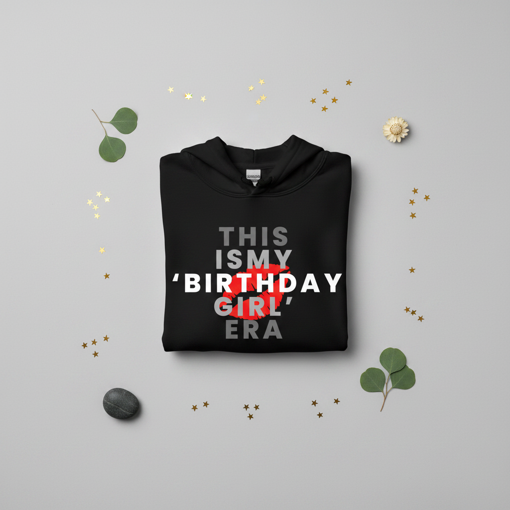 Black pullover hoodie, hood and front text graphic with red birthday girl