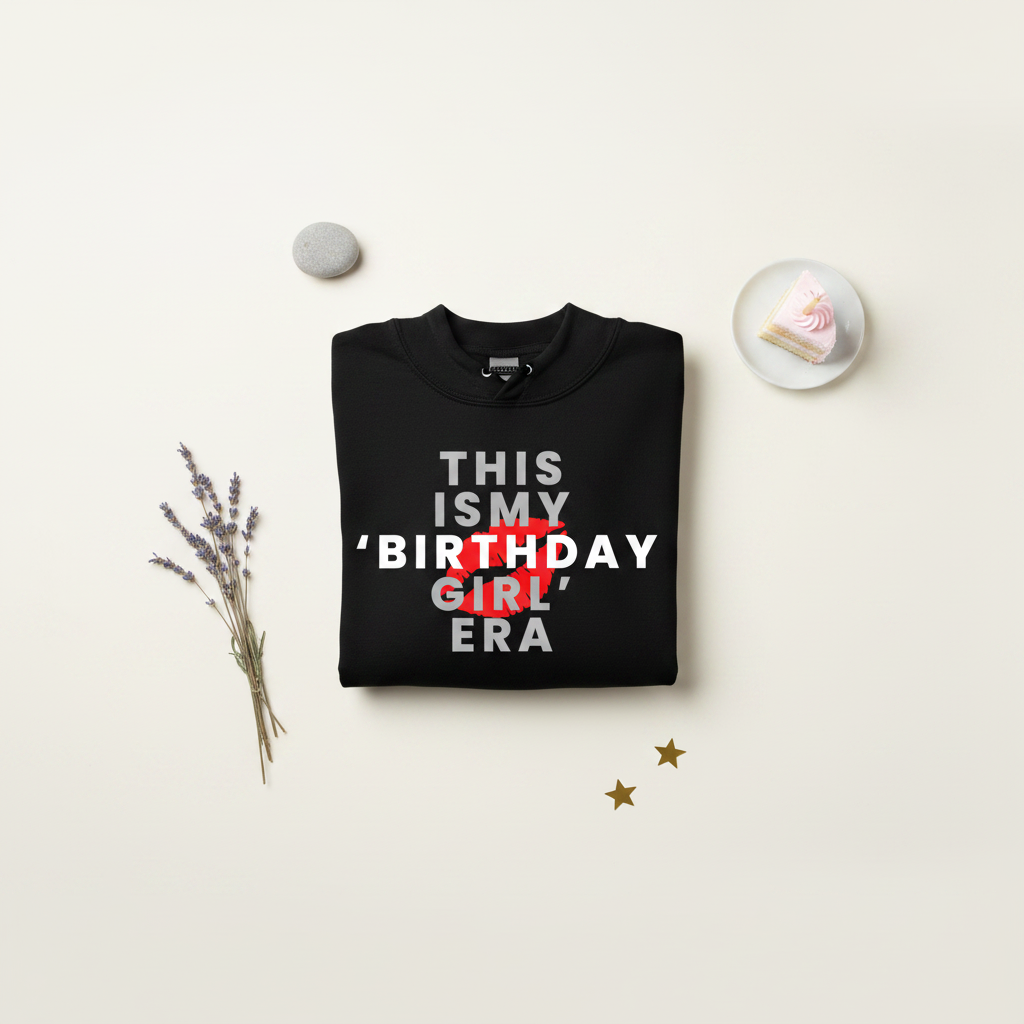 Black pullover hoodie with front graphic text "THIS IS MY BIRTHDAY GIRL ERA"