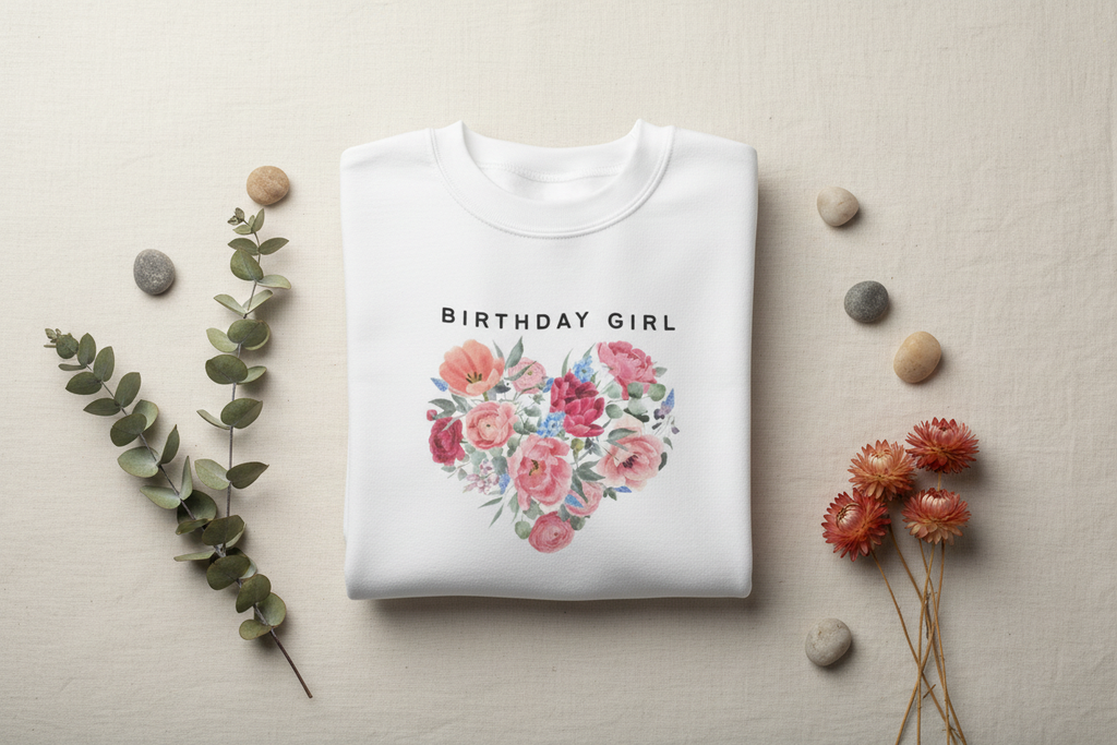White crewneck sweatshirt with “Birthday Girl” text and colorful floral heart graphic