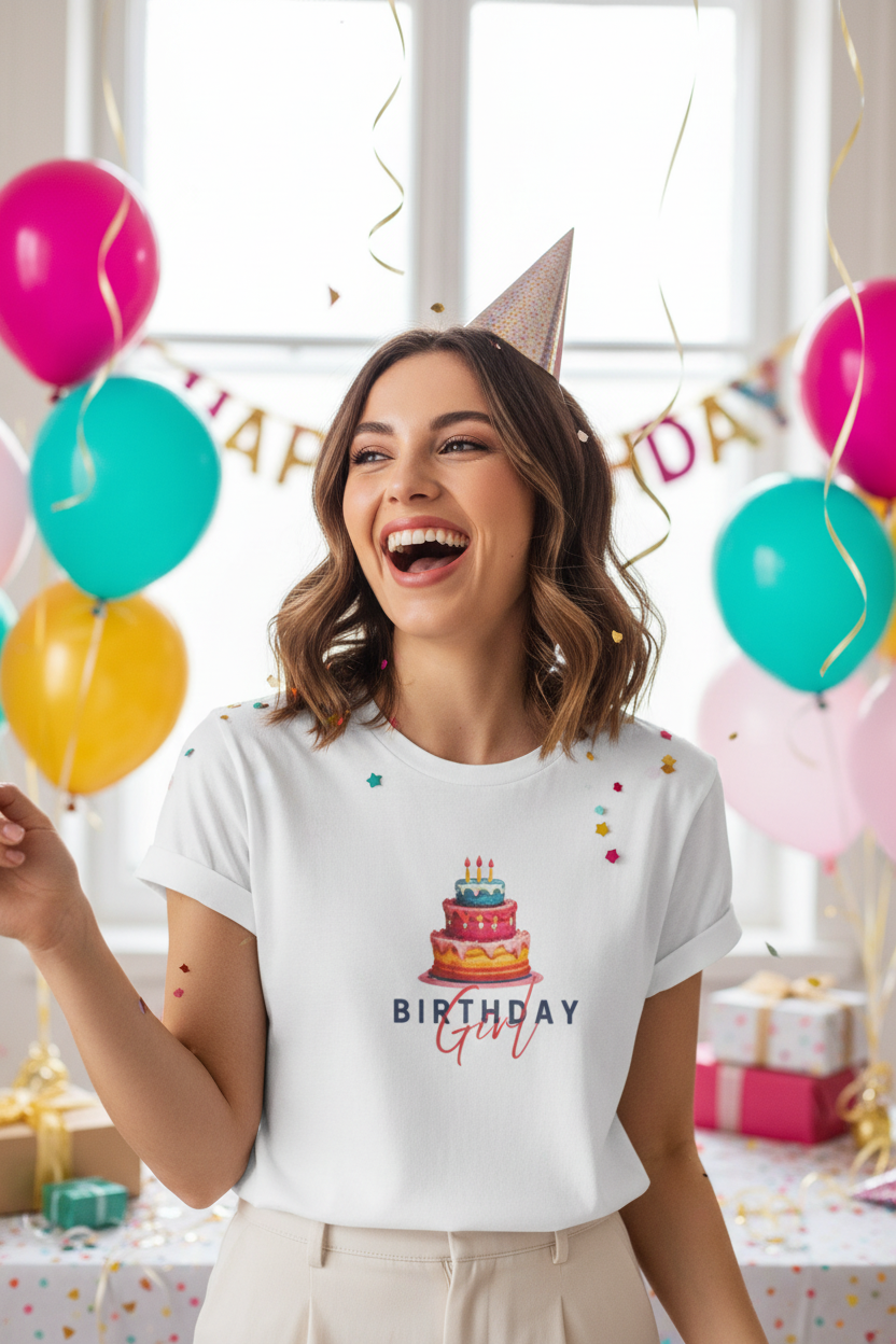 White birthday graphic T-shirt worn by woman, cake and “Birthday Girl” print