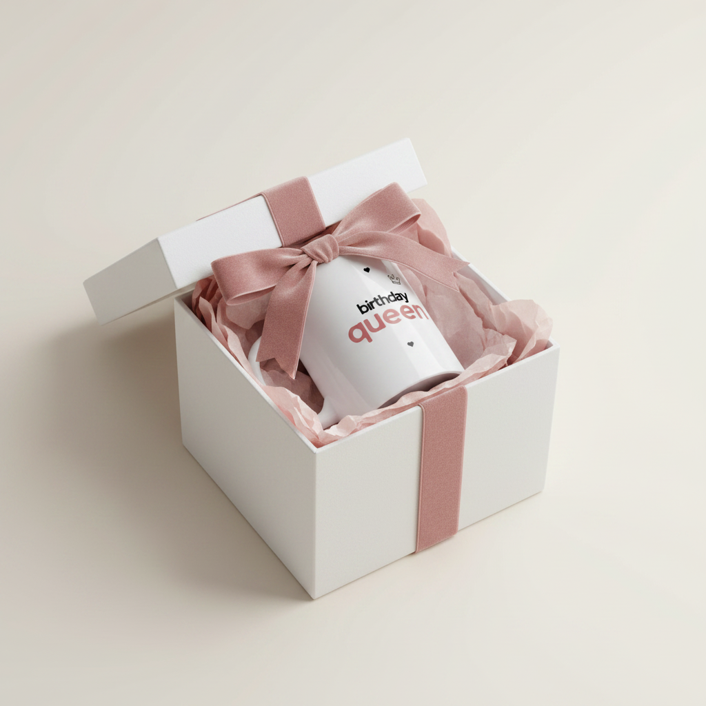 Ceramic coffee mug in white gift box with pink bow and “birthday queen” print